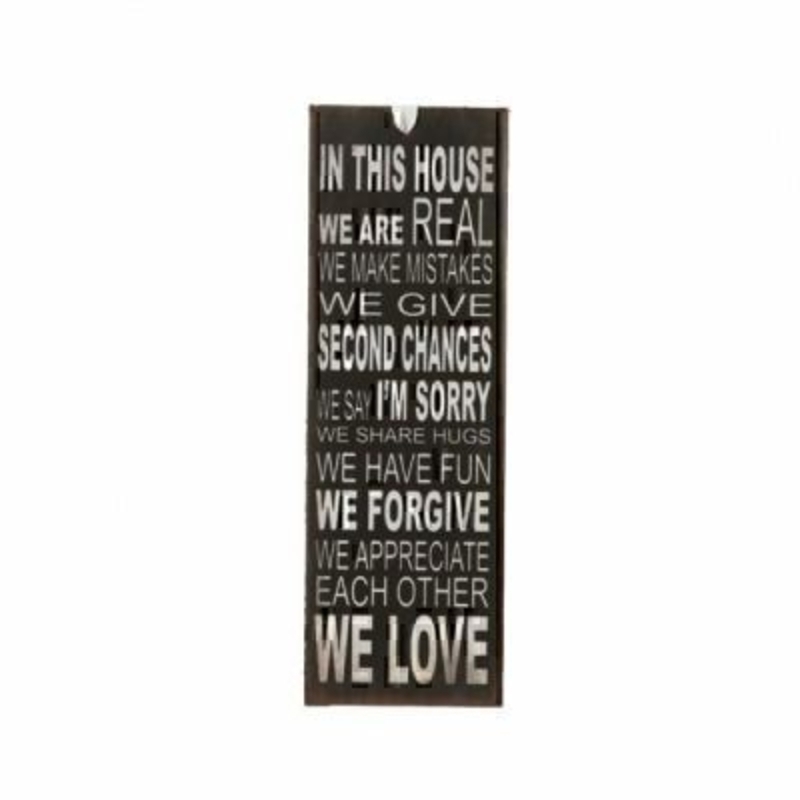 In This House Mini Metal Sign by Heaven Sends. Mini tin sign, could also be used as a bookmark with the caption 'In this house we laugh… a lot we try our best we are patient… most of the time we tell the truth we support each other we hug often we make mi